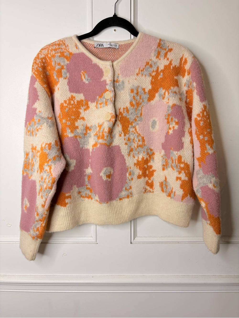 Zara Cream Cardigan with Pink & Orange Floral Jacquard